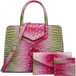 Women's Green Vegan Leather 3 pcs Set Top Handle Embossed Pattern Satchel Bag